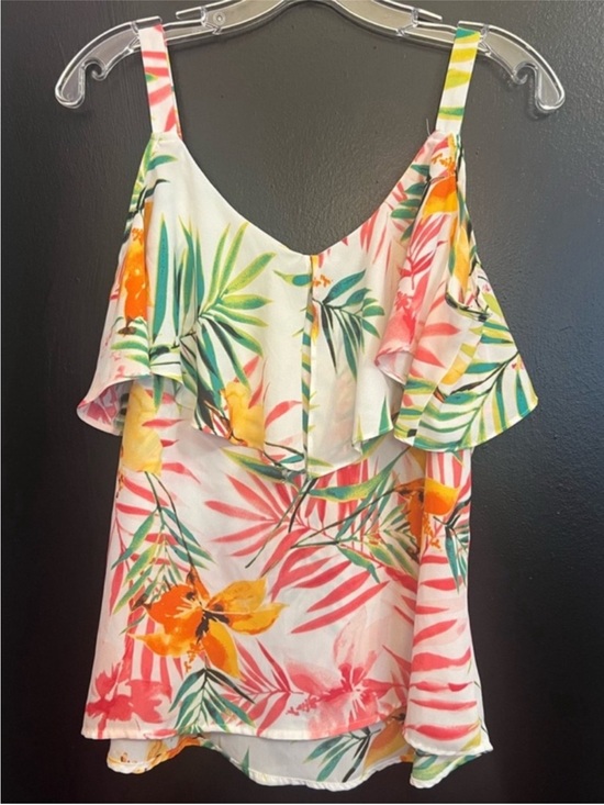 New York & Company Tops - NY&C Tropical Ruffle Cami Tank Top - White with Pink & Green Tropical Print
